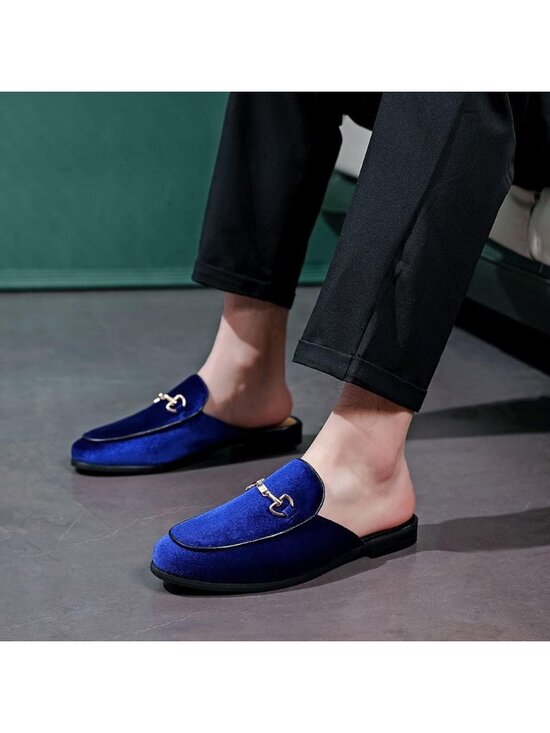 Men\'s Blue Rubber Sole Velvet Leather Gold Buckle Slip On Penny Loafer Slippers main image 6